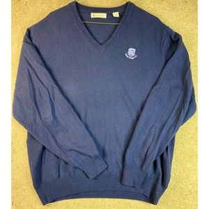 Donald Ross Mens Medium Blue Golf V Neck Marino Wool Pullover Sweater Logo